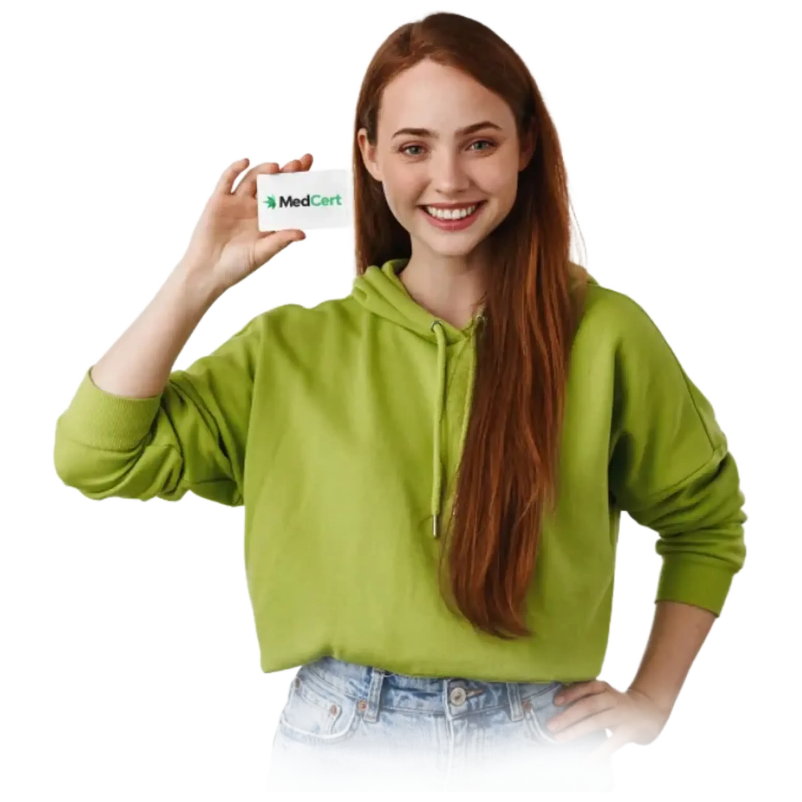 Lady holding Medcert's Medical Marijuana Card